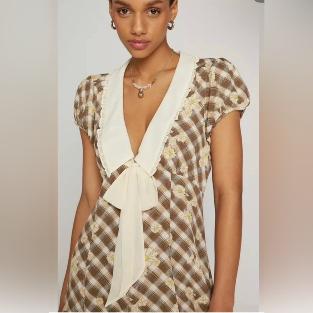 New! UO Kimchi Blue Giovanna Collared Romper Gingham Sailor Collar Brown M